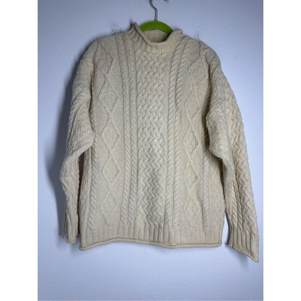 Tempo Women’s Fisherman Sweater Hard Wool Cable Knit Cream Sz L See Description